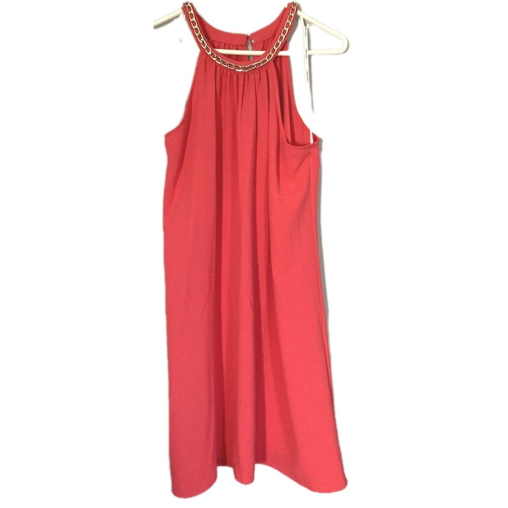Calvin Klein Dress Women M Coral Gold Chain Neck Sleeveless Shift Cocktail EUC